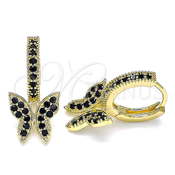Gold Filled Hoop Earrings — Huggie Hoop Butterfly Design with Black Micro Pave — main product view — SKU 140022 | Oro Laminado aretes de aro — Huggie Hoop Butterfly diseño with negro Micro Pave — SKU 140022