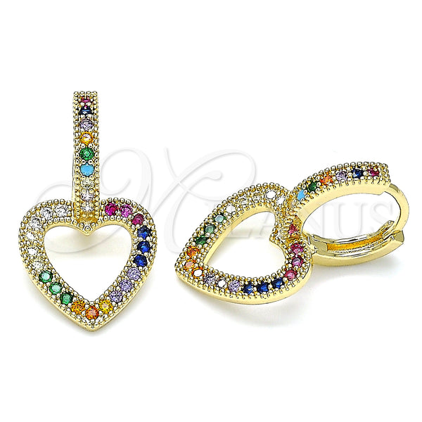 Gold Filled Hoop Earrings — Huggie Hoop Heart Design with Multicolor Micro Pave — main product view — SKU 140025 | Oro Laminado aretes de aro — Huggie Hoop corazón diseño with Multicolor Micro Pave — SKU 140025