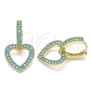 Gold Filled Hoop Earrings — Huggie Hoop Heart Design with Turquoise Micro Pave — main product view — SKU 140026 | Oro Laminado aretes de aro — Huggie Hoop corazón diseño with Turquoise Micro Pave — SKU 140026