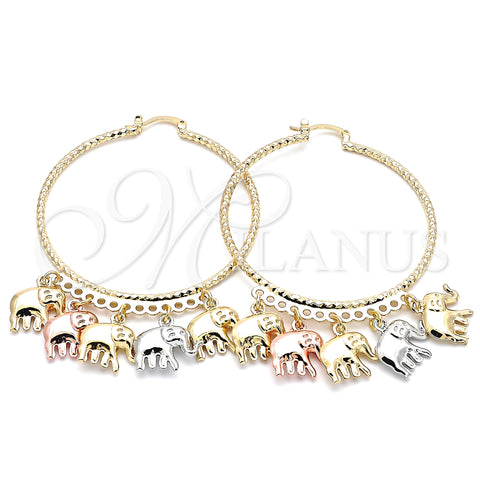Oro Laminado Large Hoop, Gold Filled Style Elephant Design, Diamond Cutting Finish, Tricolor, 02.380.0041.50