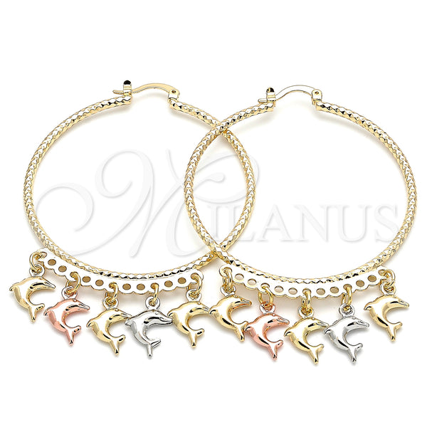 Gold Filled Hoop Earrings — Large Hoop Dolphin Design Diamond Cutting Tricolor 02. — main product view — SKU 140029 | Oro Laminado aretes de aro — Large Hoop Dolphin diseño Diamond Cutting Tricolor 02. — SKU 140029