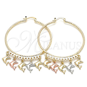 Gold Filled Hoop Earrings — Large Hoop Dolphin Design Diamond Cutting Tricolor 02. — main product view — SKU 140029 | Oro Laminado aretes de aro — Large Hoop Dolphin diseño Diamond Cutting Tricolor 02. — SKU 140029