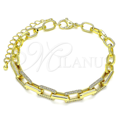 Oro Laminado Fancy Bracelet, Gold Filled Style Paperclip Design, with White Micro Pave, Polished, Golden Finish, 03.341.0115.07 (06 MM Thickness, 7 Inches Length)