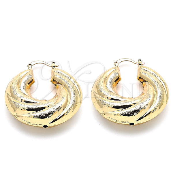 Gold Filled Hoop Earrings — Medium Hoop Hollow Design Brushed 02. — main product view — SKU 140043 | Oro Laminado aretes de aro — Medium Hoop Hollow diseño Brushed 02. — SKU 140043