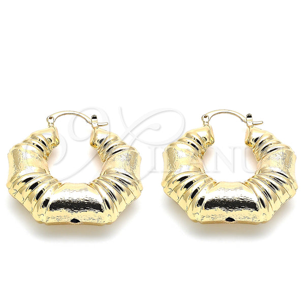 Gold Filled Hoop Earrings — Medium Hoop Bamboo and Hollow Design Brushed 02. — main product view — SKU 140044 | Oro Laminado aretes de aro — Medium Hoop Bamboo and Hollow diseño Brushed 02. — SKU 140044