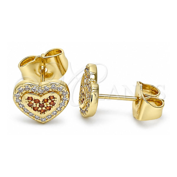 Oro Laminado Stud Earring, Gold Filled Style Heart Design, with Garnet and White Micro Pave, Polished, Golden Finish, 02.156.0506.1