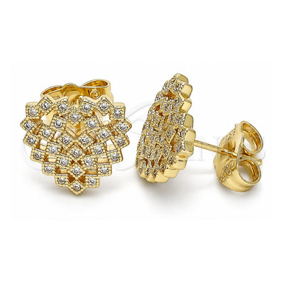 Oro Laminado Stud Earring, Gold Filled Style Heart Design, with White Micro Pave, Polished, Golden Finish, 02.156.0510