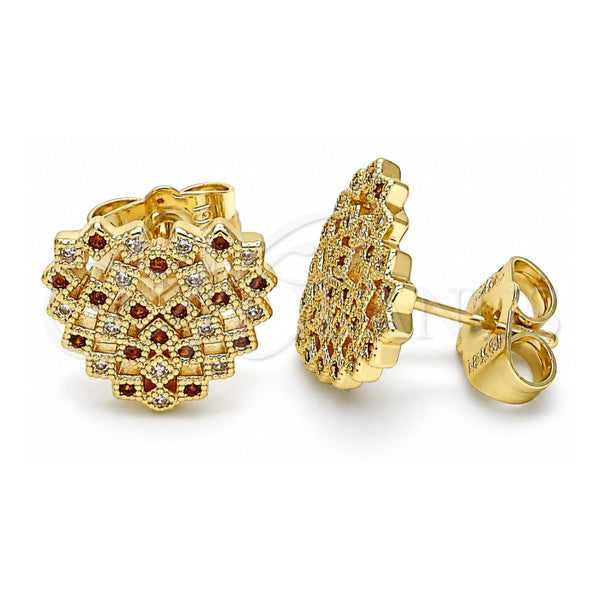 Oro Laminado Stud Earring, Gold Filled Style Heart Design, with Garnet and White Micro Pave, Polished, Golden Finish, 02.156.0510.1
