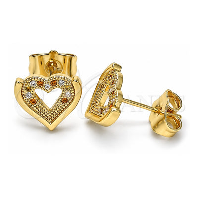 Oro Laminado Stud Earring, Gold Filled Style Heart Design, with Garnet and White Micro Pave, Polished, Golden Finish, 02.156.0511.1