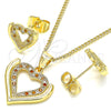 Oro Laminado Earring and Pendant Adult Set, Gold Filled Style Heart Design, with Garnet and White Micro Pave, Polished, Golden Finish, 10.156.0315.1