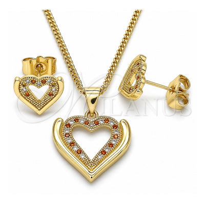 Oro Laminado Earring and Pendant Adult Set, Gold Filled Style Heart Design, with Garnet and White Micro Pave, Polished, Golden Finish, 10.156.0315.1