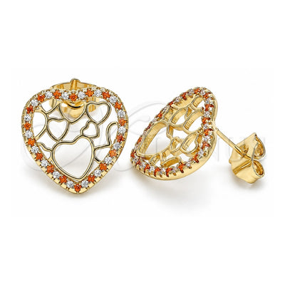 Oro Laminado Stud Earring, Gold Filled Style Heart Design, with Garnet and White Micro Pave, Polished, Golden Finish, 02.156.0512.1