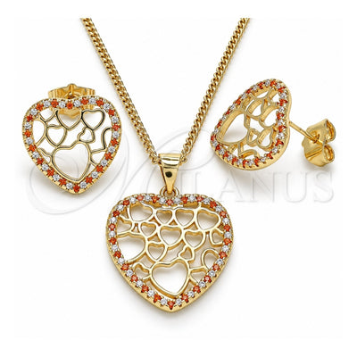 Oro Laminado Earring and Pendant Adult Set, Gold Filled Style Heart Design, with Garnet and White Micro Pave, Polished, Golden Finish, 10.156.0316.1
