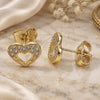Oro Laminado Stud Earring, Gold Filled Style Heart Design, with White Micro Pave, Polished, Golden Finish, 02.156.0513