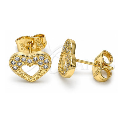 Oro Laminado Stud Earring, Gold Filled Style Heart Design, with White Micro Pave, Polished, Golden Finish, 02.156.0513