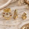 Oro Laminado Stud Earring, Gold Filled Style Heart Design, with Garnet and White Micro Pave, Polished, Golden Finish, 02.156.0513.1