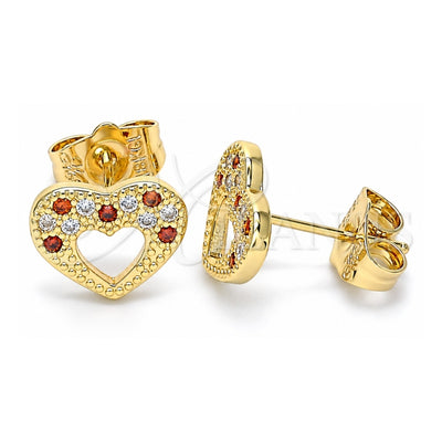 Oro Laminado Stud Earring, Gold Filled Style Heart Design, with Garnet and White Micro Pave, Polished, Golden Finish, 02.156.0513.1