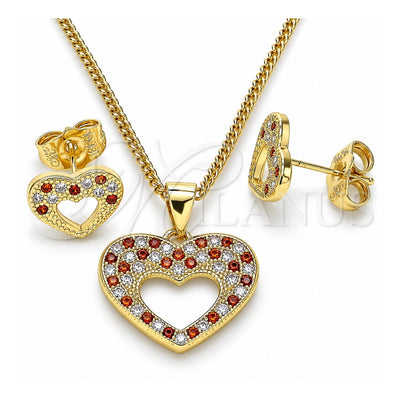 Oro Laminado Earring and Pendant Adult Set, Gold Filled Style Heart Design, with Garnet and White Micro Pave, Polished, Golden Finish, 10.156.0317.1