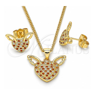 Oro Laminado Earring and Pendant Adult Set, Gold Filled Style Heart Design, with Garnet and White Micro Pave, Polished, Golden Finish, 10.156.0318.1