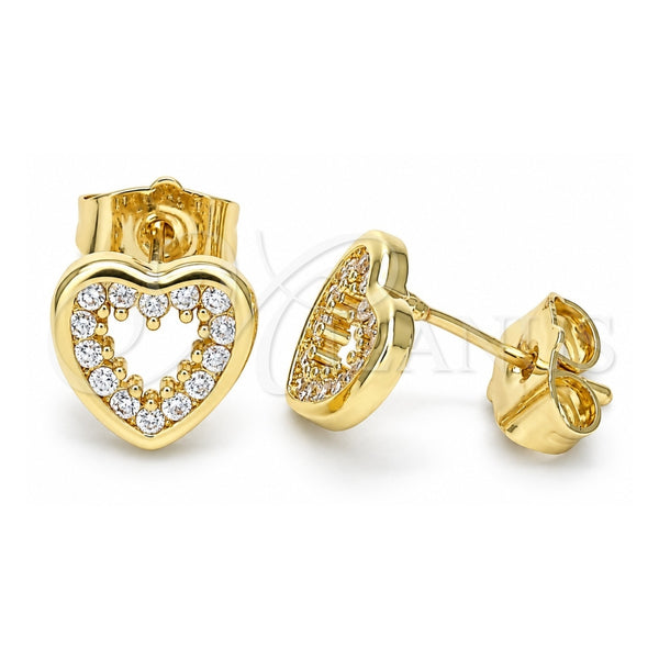 Oro Laminado Stud Earring, Gold Filled Style Heart Design, with White Cubic Zirconia, Polished, Golden Finish, 02.156.0515