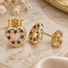 Oro Laminado Stud Earring, Gold Filled Style Heart Design, with Garnet and White Cubic Zirconia, Polished, Golden Finish, 02.156.0515.1