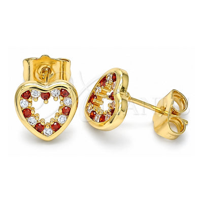 Oro Laminado Stud Earring, Gold Filled Style Heart Design, with Garnet and White Cubic Zirconia, Polished, Golden Finish, 02.156.0515.1