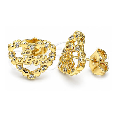 Oro Laminado Stud Earring, Gold Filled Style Heart and Love Design, with White Micro Pave, Polished, Golden Finish, 02.156.0516