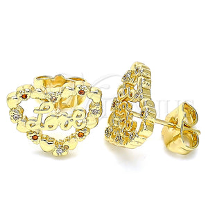 Gold Filled Ring — Stud Earring Heart and Love Design with Garnet — main product view — SKU 140102 | Oro Laminado anillo — Stud Earring corazón and Love diseño with Garnet — SKU 140102