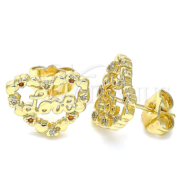 Gold Filled Ring — Stud Earring Heart and Love Design with Garnet — main product view — SKU 140102 | Oro Laminado anillo — Stud Earring corazón and Love diseño with Garnet — SKU 140102