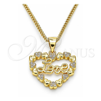 Oro Laminado Pendant Necklace, Gold Filled Style Heart and Love Design, with White Micro Pave, Polished, Golden Finish, 04.156.0376.20 (02 MM Thickness, 20 Inches Length)
