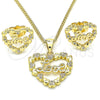 Oro Laminado Earring and Pendant Adult Set, Gold Filled Style Heart and Love Design, with White Micro Pave, Polished, Golden Finish, 10.156.0320