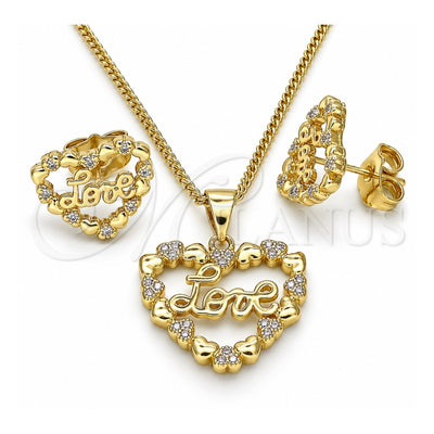 Oro Laminado Earring and Pendant Adult Set, Gold Filled Style Heart and Love Design, with White Micro Pave, Polished, Golden Finish, 10.156.0320