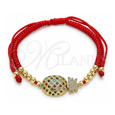 Oro Laminado Adjustable Bolo Bracelet, Gold Filled Style Pineapple and Ball Design, with Multicolor Micro Pave, Polished, Golden Finish, 03.368.0025.12 (03 MM Thickness, 12 Inches Length)