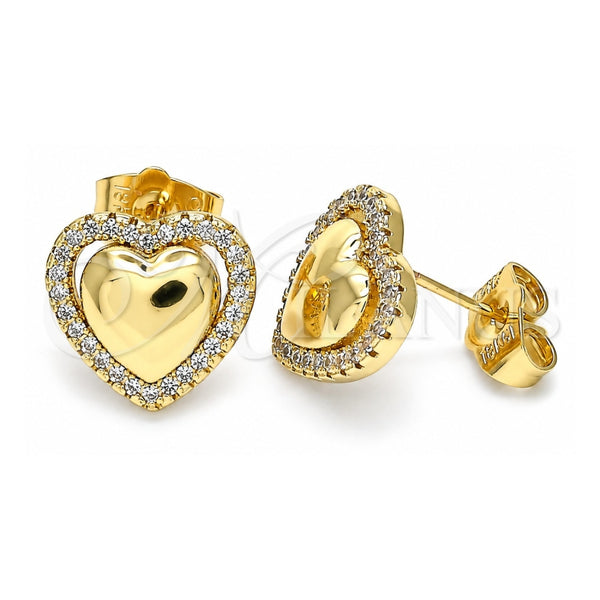 Oro Laminado Stud Earring, Gold Filled Style Heart Design, with White Micro Pave, Polished, Golden Finish, 02.156.0517