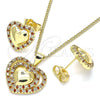 Oro Laminado Earring and Pendant Adult Set, Gold Filled Style Heart Design, with Garnet and White Micro Pave, Polished, Golden Finish, 10.156.0321.1