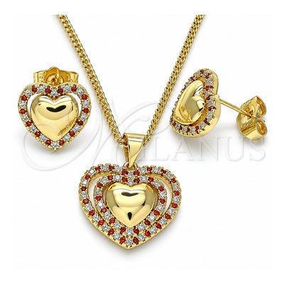 Oro Laminado Earring and Pendant Adult Set, Gold Filled Style Heart Design, with Garnet and White Micro Pave, Polished, Golden Finish, 10.156.0321.1