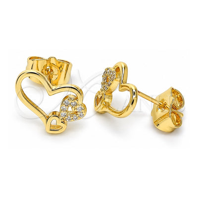 Oro Laminado Stud Earring, Gold Filled Style Heart Design, with White Micro Pave, Polished, Golden Finish, 02.156.0518