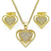 Oro Laminado Earring and Pendant Adult Set, Gold Filled Style Heart Design, with White Micro Pave, Polished, Golden Finish, 10.156.0324