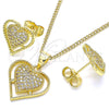 Oro Laminado Earring and Pendant Adult Set, Gold Filled Style Heart Design, with White Micro Pave, Polished, Golden Finish, 10.156.0324