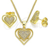 Oro Laminado Earring and Pendant Adult Set, Gold Filled Style Heart Design, with White Micro Pave, Polished, Golden Finish, 10.156.0324