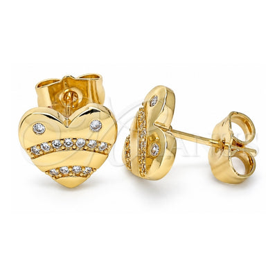 Oro Laminado Stud Earring, Gold Filled Style Heart Design, with White Micro Pave, Polished, Golden Finish, 02.156.0521
