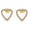 Oro Laminado Stud Earring, Gold Filled Style Heart Design, with Garnet and White Micro Pave, Polished, Golden Finish, 02.156.0522.1