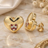 Oro Laminado Stud Earring, Gold Filled Style Heart Design, with Garnet and White Micro Pave, Polished, Golden Finish, 02.156.0524.1