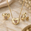 Oro Laminado Earring and Pendant Adult Set, Gold Filled Style Heart Design, with Garnet and White Micro Pave, Polished, Golden Finish, 10.156.0329.1
