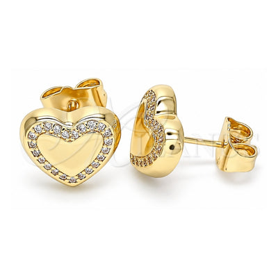 Oro Laminado Stud Earring, Gold Filled Style Heart Design, with White Micro Pave, Polished, Golden Finish, 02.156.0525