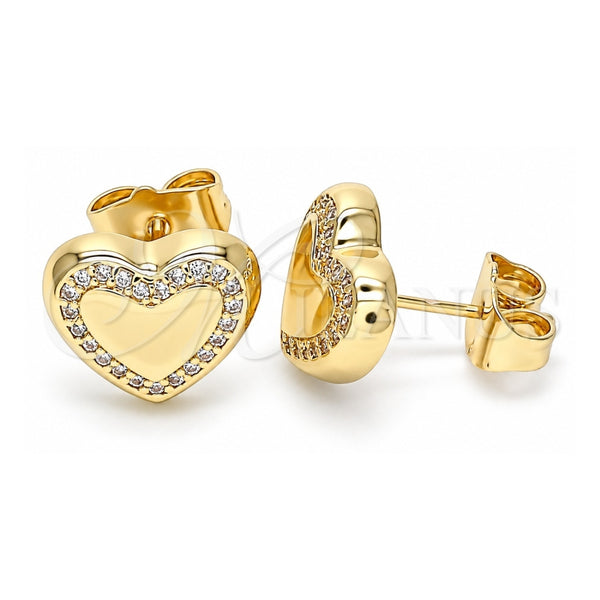 Oro Laminado Stud Earring, Gold Filled Style Heart Design, with White Micro Pave, Polished, Golden Finish, 02.156.0525
