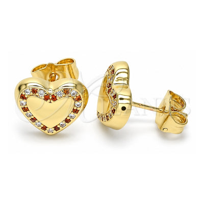 Oro Laminado Stud Earring, Gold Filled Style Heart Design, with Garnet and White Micro Pave, Polished, Golden Finish, 02.156.0525.1