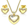 Oro Laminado Earring and Pendant Adult Set, Gold Filled Style Heart Design, with Garnet and White Micro Pave, Polished, Golden Finish, 10.156.0330.1