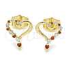 Oro Laminado Stud Earring, Gold Filled Style Heart Design, with Garnet and White Cubic Zirconia, Polished, Golden Finish, 02.156.0526.1