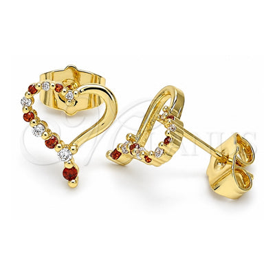 Oro Laminado Stud Earring, Gold Filled Style Heart Design, with Garnet and White Cubic Zirconia, Polished, Golden Finish, 02.156.0526.1